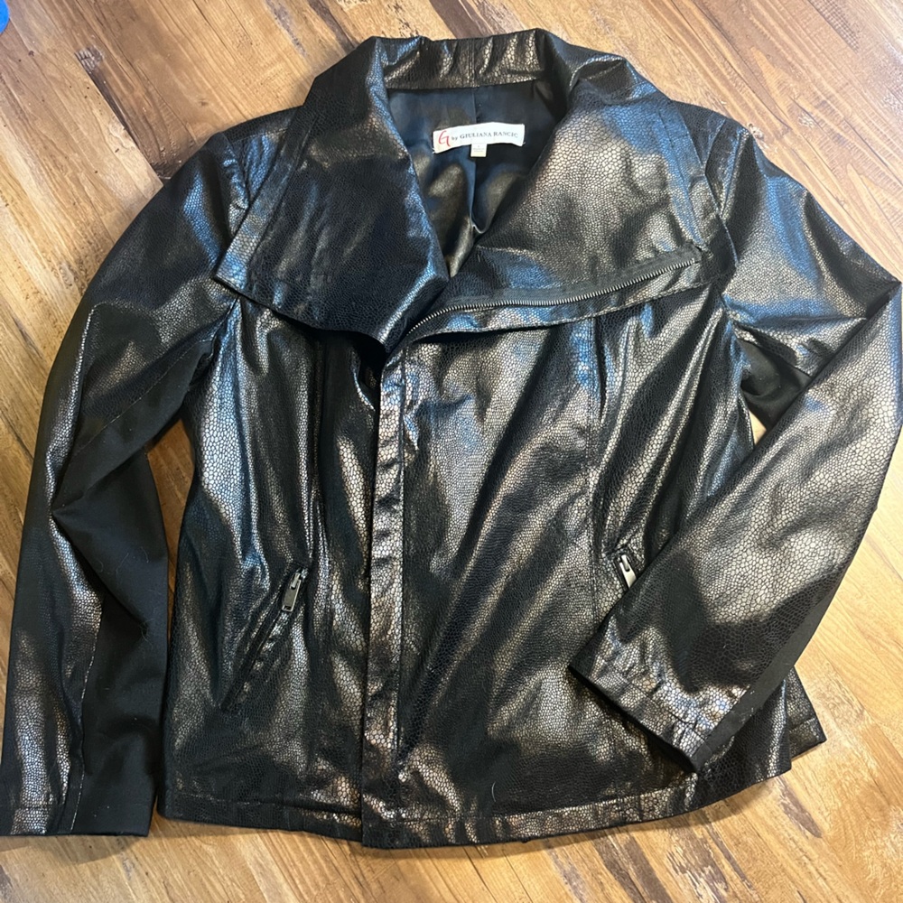 Giuliana Rancic L Faux Leather Jacket Contrast Stretch Zip Breasted Snake Skin